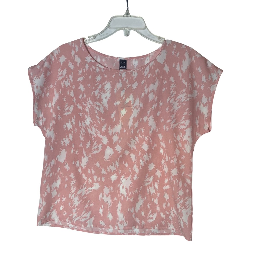 Shein Lune Pink White‎ Abstract Print Short Sleeve Blouse Top Small